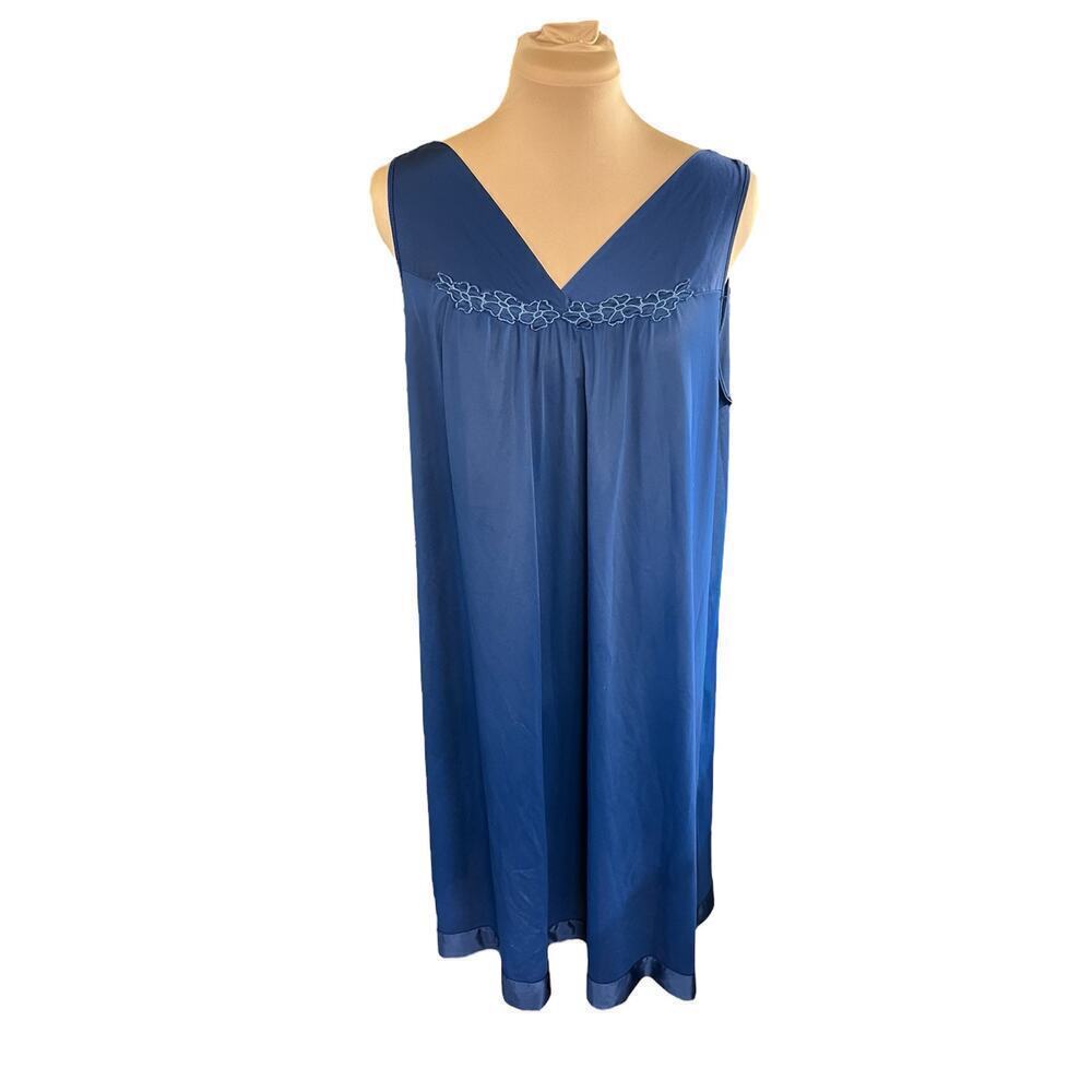 Vintage SZ L Vanity Fair Nylon Slip Dress Babydoll Chemise Nightgown Navy Blue